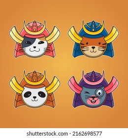 Cute samurai animal set vector illustration