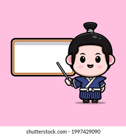 cute samurai boy with blank white board mascot illustration