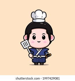 cute samurai boy chef mascot illustration