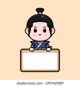 lindo niño samurai sujetando una ilustración de la mascota en blanco del tablero de texto