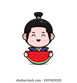 cute samurai boy holding watermelon mascot illustration