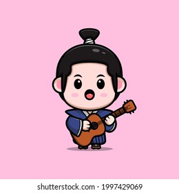 cute samurai boy playing guitar and singing mascot illustration