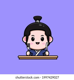 cute samurai boy ready to eat mascot illustration