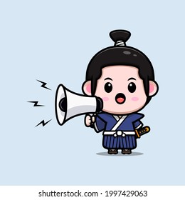 süßer Samurai-Junge, der auf der Megaphone-Maskottgrafik spricht