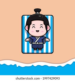 cute samurai boy sunbathing on beach mascot illustration
