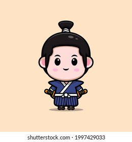 cute samurai boy with sword mascot illustration