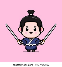cute samurai boy with sword mascot illustration