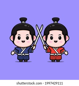 cute samurai boy waving sword mascot illustration