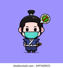 süßer Samurai-Junge mit Maske zur Vorbeugung von Virus-Maskottabildung