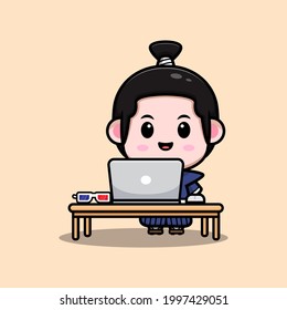 lindo niño samurai trabajando desde la ilustración de la mascota de casa