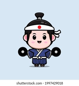 cute samurai boy workout mascot illustration