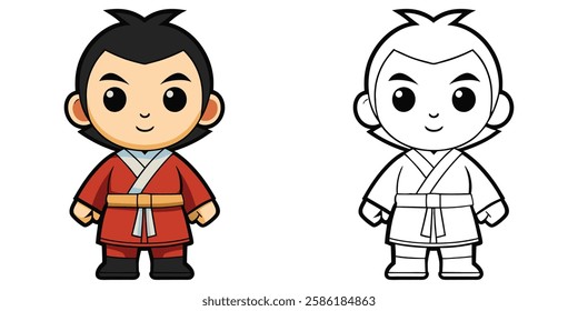 Cute Samurai Cartoon Character Coloring Book For Kids Printable Outline Vector