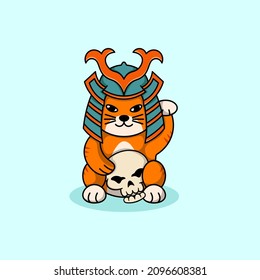 Cute samurai gato sujetando la ilustración de la cabeza del cráneo