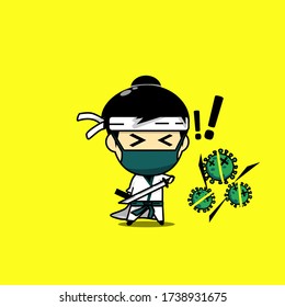 Samurai. El diseño de caracteres de corte y corte el virus usando una espada. Samurai contra el virus. Vector