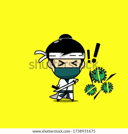 Cute samurai character wearing facemask cut virus. Samurai fighting against virus. Illustration vector