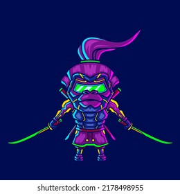 Cute samurai monkey cyberpunk logo línea de arte pop ficción diseño colorido con fondo oscuro. Ilustración del vector abstracto.