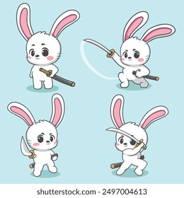 Cute Samurai Rabbit Vector Set Illustration Mascot