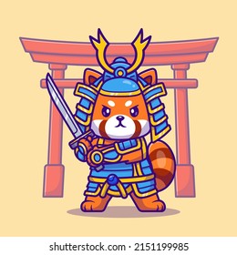 Cute Samurai Red Panda Cartoon Vector Icon Illustration. Animal Nature Icon Concept Isolated Premium Vector. Flat Cartoon Style