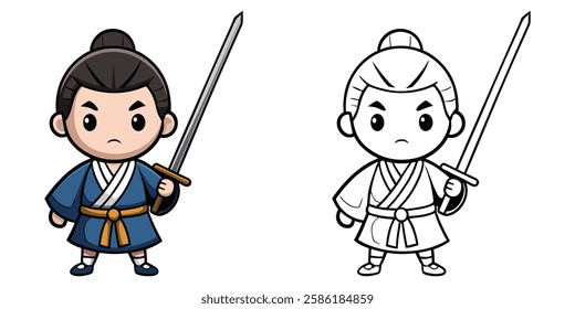 Cute Samurai With Sword Cartoon Coloring Book For Kids Printable Outline Vector