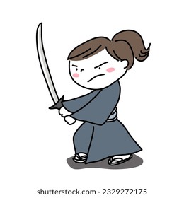 Cute samurai with sword standing in defense pose. Little samurai holding katana sword. Cute samurai holding katana sword preparing to attack. Little fighter with samurai outfit and katana sword.