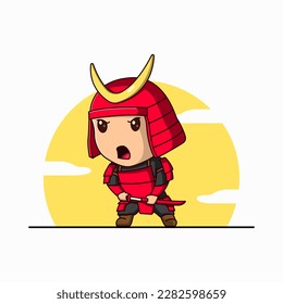 Cute Samurai With Sword Vector Cartoon Illustration Icon Mascot. Cartoon Style.