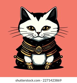 Cute Samurai Warrior Cat Wearing Black Dress