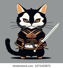 Cute Samurai Warrior Cat Wearing Black Dress