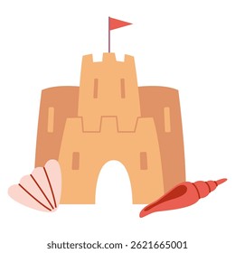 Cute sand castle with flag and seashells. Summer beach illustration for kids decor, vacation themes and coastal designs. Trendy modern isolated vector flat