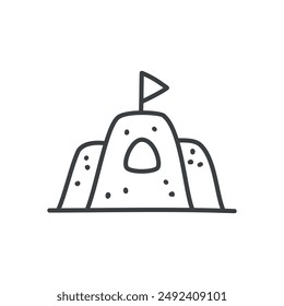 Lindo icono de castillo de arena. Ilustración monocroma dibujada a mano de una construcción de edificio de arena aislada sobre un fondo blanco. Etiqueta Kawaii. Vector 10 EPS.