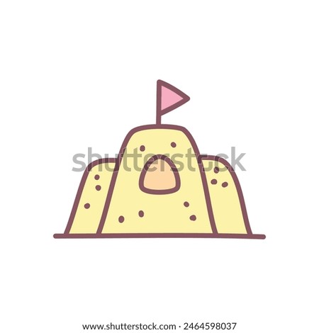 Cute sand castle icon. Hand drawn illustration of a sand building construction isolated on a white background. Kawaii sticker. Vector 10 EPS.
