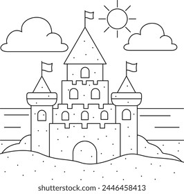 Cute Sand castle Summer coloring page for kids, vector printable worksheets for preschool. 