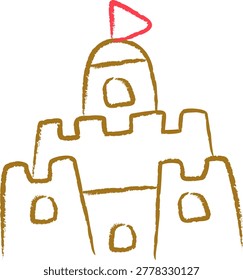 Cute sandcastle doodle illustration created with colored pencil and crayon texture. Fun summer beach clipart isolated on light background.