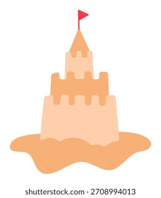Castelo de areia bonito com etiqueta de bandeira vermelha ilustração de vetor plana para o jogo de praia e a atividade das crianças