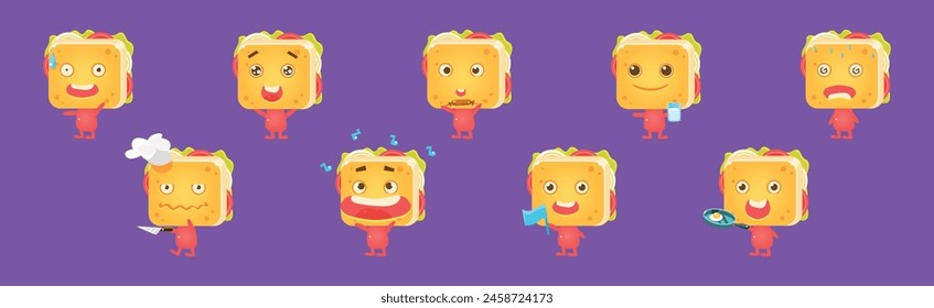 Cute Sandwich Character with Face Emotion Vector Set