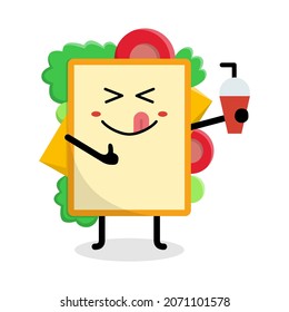 cute sandwich character holding a drink illustration design