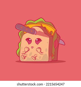 A cute sandwich character with a knife on his head. Food, funny, party vector illustration.