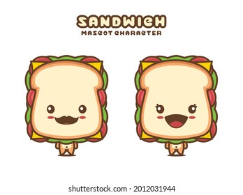 cute sandwich mascot, food cartoon illustration, isolated on white background