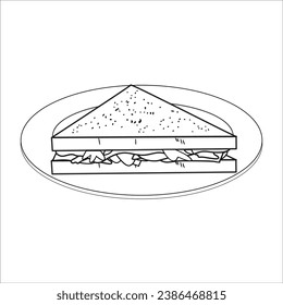 cute sandwich on plate line vector illustration,isolated on white background,top view
