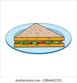 sándwich lindo en la ilustración del vector de placa, aislado en fondo blanco, vista superior