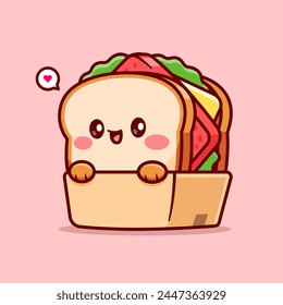 Cute Sandwich Smiling Cartoon Vector Icon Illustration. Food Object Icon Concept Isolated Premium Vector. Flat Cartoon Style