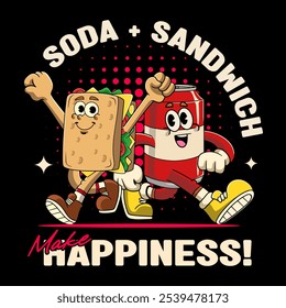 Ilustración vectorial linda de la mascota del carácter de la historieta del sándwich y de la soda en estilo groovy retro de los años 70 80 para el cartel del restaurante de la barra, volante, folleto, invitación, tarjeta de felicitación, Anuncio