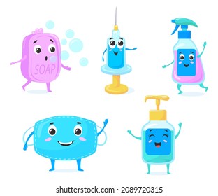 Cute sanitizer bottles. Cartoon antiseptic spray, funny syringe corona virus vaccine, kids prevention hygiene, disinfect soap, children medical mask for face vector illustration. Hygiene antiseptic