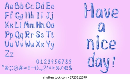 Cute sans serif vector alphabet. Rounded handwritten font with highlights and shadows. Decorative letters, punctuation, numbers and mathematical signs. Upper and lower case.