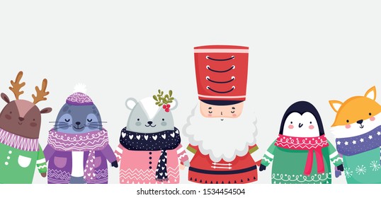 cute santa and animals merry christmas card vector illustration