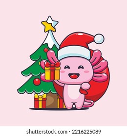 Cute santa axolotl carrying christmas gift. Cute christmas cartoon illustration. 