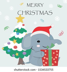 Cute Santa baby elephant on Christmas day,illustration vector doodle comic art.