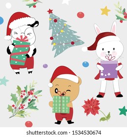 Cute santa baby rabbit bunny,teddy bear and cow on christmas day,illustration vector doodle comic art.