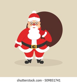 Cute Santa with bag of gifts. Character for Christmas and New Year. Modern flat design.