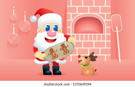 A cute Santa is baking gingerbread man, with kitchen background. Vector.
