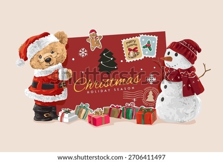 cute santa bear doll and snowman holding christmas postcard vector illustration